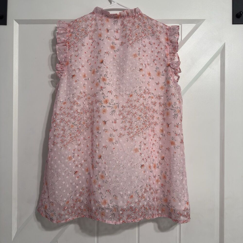 Women’s Pink Sleeveless Sheer Floral Ruffle Tie Neck Blouse Top Size Small - Picture 2 of 13